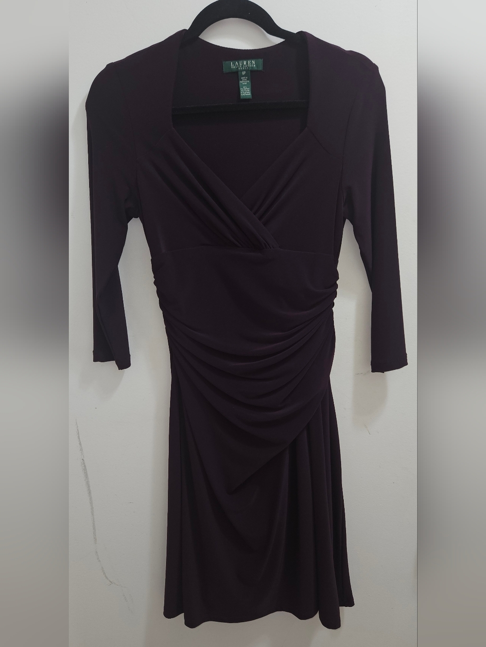 Lauren Ralph Lauren Plum 3/4 Sleeve Ruched Wrap Dress